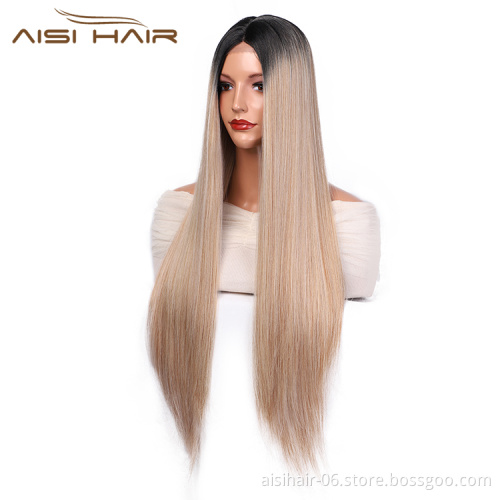 Aisi Hair 26 Inch Long Silky Straight Ombre Blonde Wigs Top Quality Swiss Lace Wig Synthetic Lace Frontal Wigs For Black Women